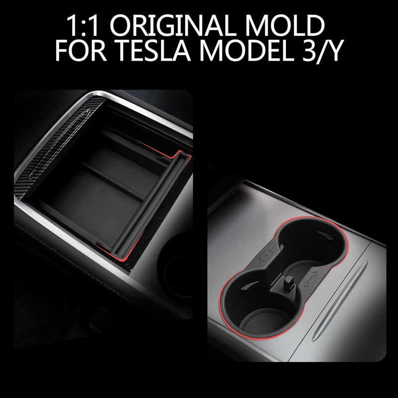 AZGaea Double Layer Center Console Organizer 5PCS for Tesla Model Y 2021-2024 Model 3 2017-2023, TPE Under Seat Storage Box, Cup Holder, Camera Cover Compatible with Tesla Model 3/Y Accessories, Black - Image 2